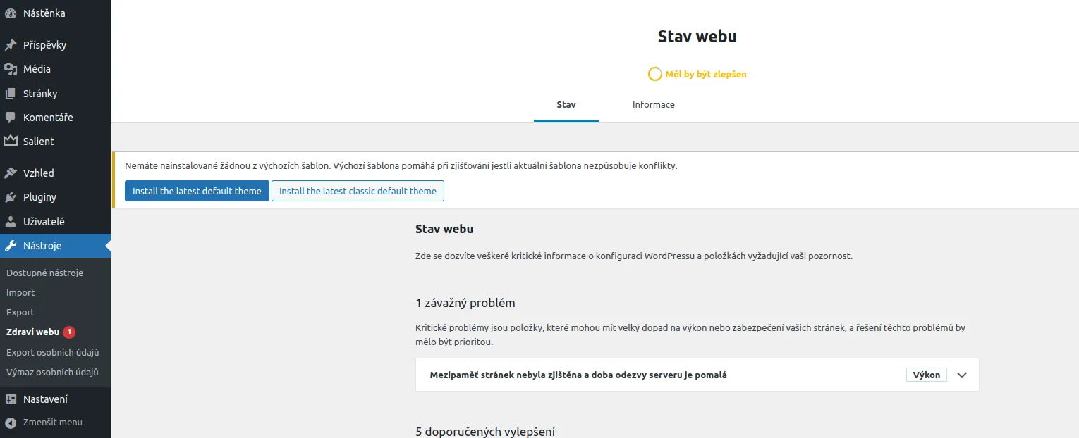 Stav webu - hlavní výpis