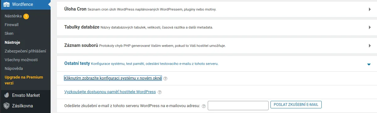 Snímek obrazovky Wordfence - paměť hostingu