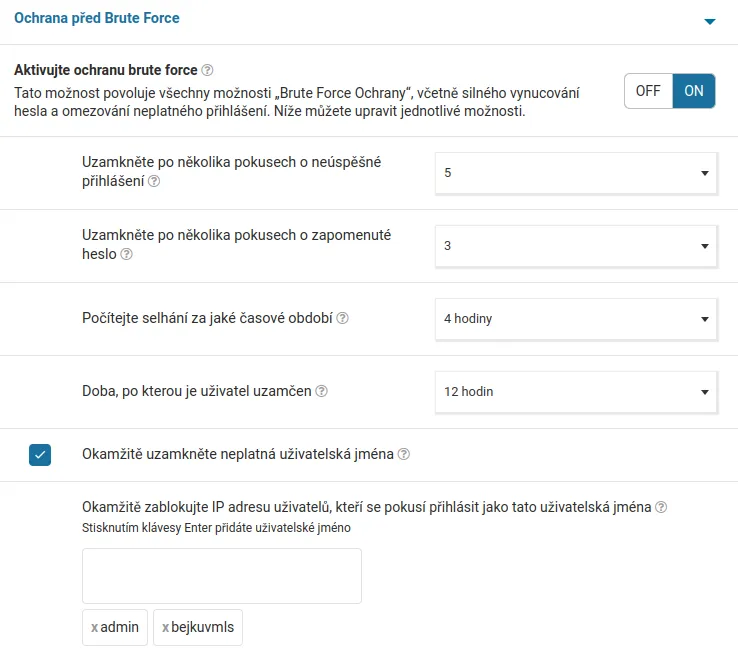 Snímek obrazovky Wordfence - ochrana před Brute Force