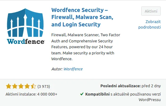 Snímek obrazovky Wordfence - instalace pluginu