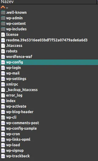 Adresářová struktura WordPress instalace se zvýrazněním souboru wp-config.php