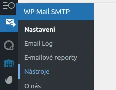 Lišta pluginu WP Mail SMTP s vyznačením položky "nástroje"