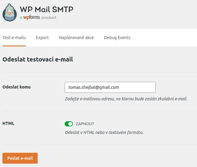 WP Mail SMTP a možnost odeslání testovacího e-mailu