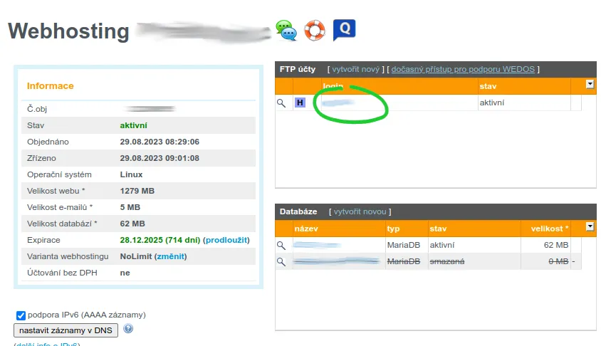 Kde najít FTP účet ve WEDOS administraci hostingu