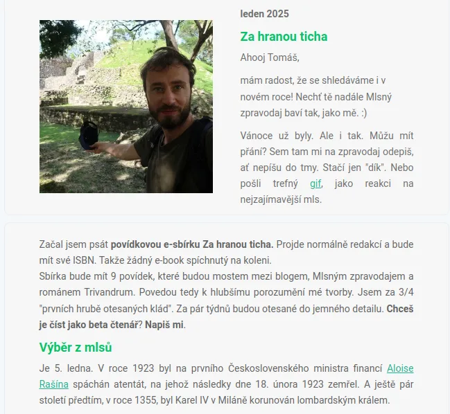 Otevřený e-mail s mlsným zpravodajem, kde je fotka autora, krátké úvodní slovo a pak výběry z eko mlsů