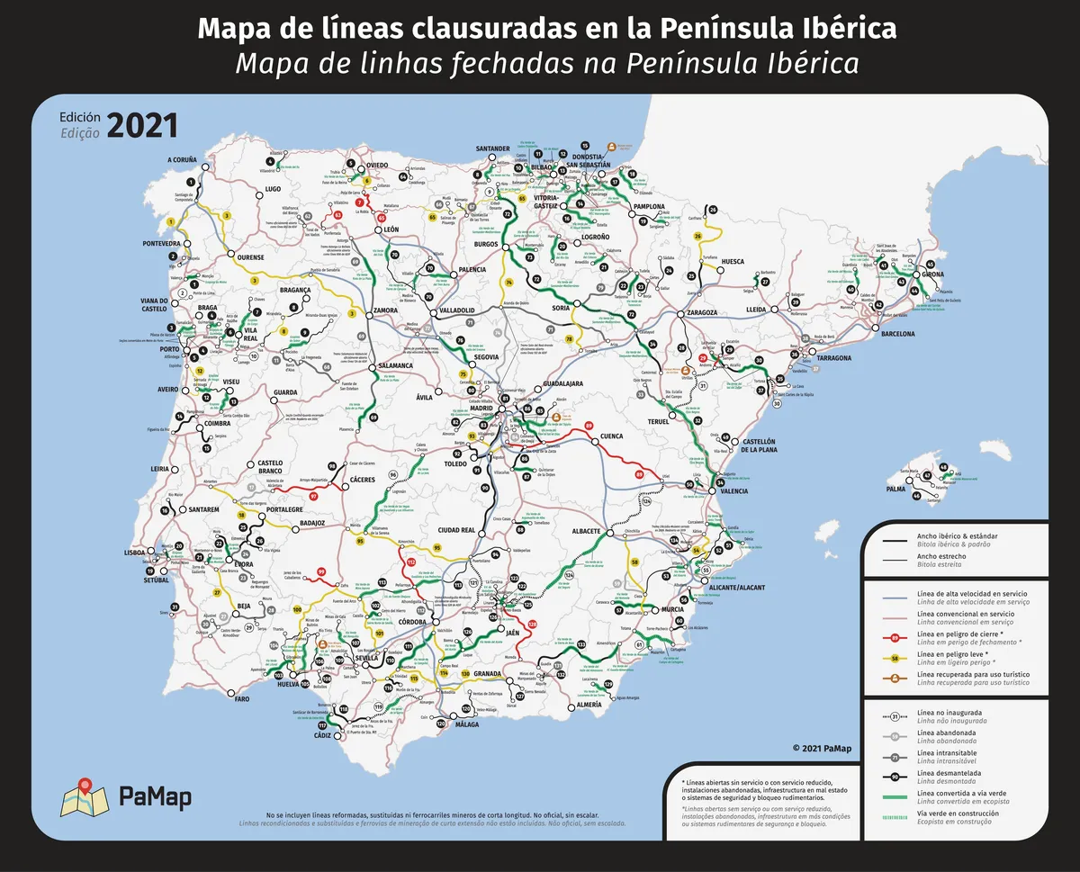 Mapa železničního spojení ve Španělsku a Portugalsku
