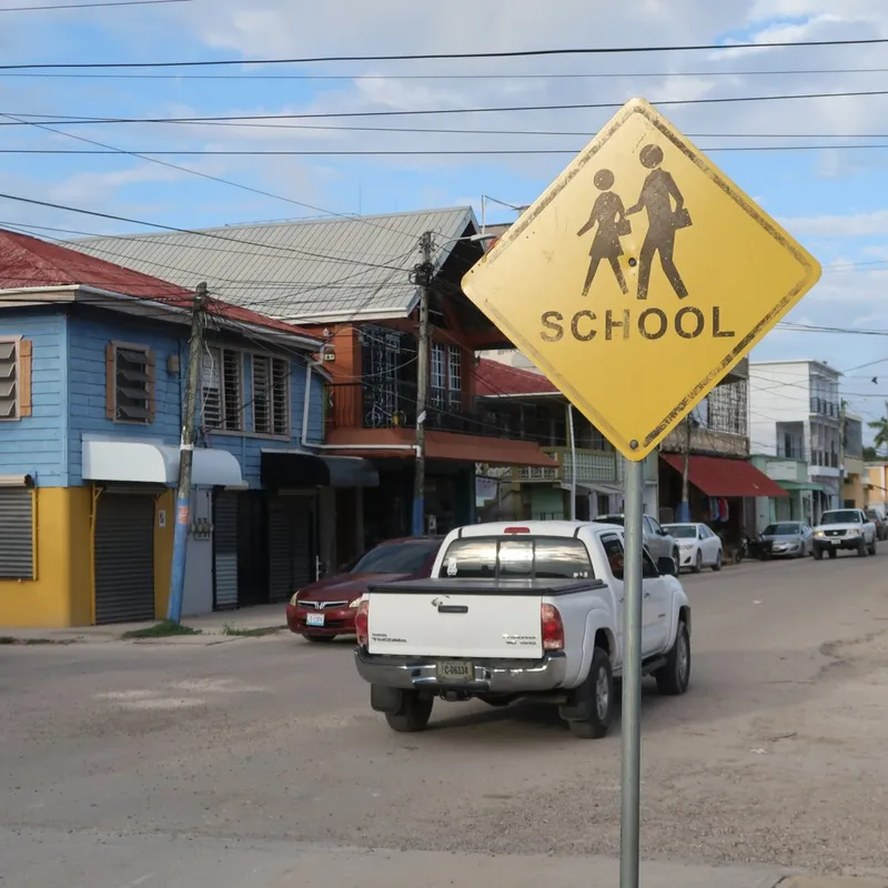 Žlutá kosočtvercová dopravní značka přechodu pro chodce zobrazující siluety dospělého a dítěte s nápisem 'SCHOOL'. Značka je umístěna na ulici ve městě Corozal s barevnými dřevěnými budovami včetně modré a oranžové.