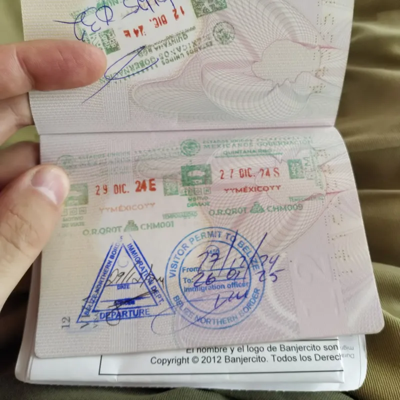 Stránka pasu se vstupními a výstupními razítky Mexika. Stránka zobrazuje 4 oficiální razítka.