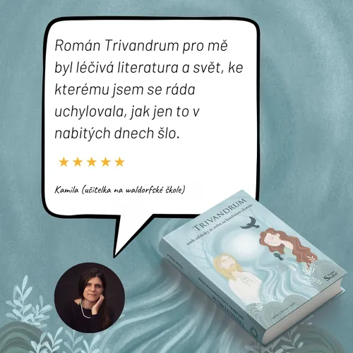 Ilustrace s recenzí románu a knížkou, na pozadí proud řeky ztrácející se v mlze