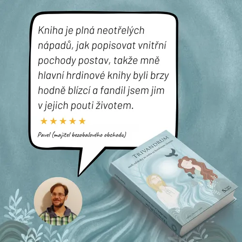 Ilustrace s recenzí románu a knížkou, na pozadí proud řeky ztrácející se v mlze