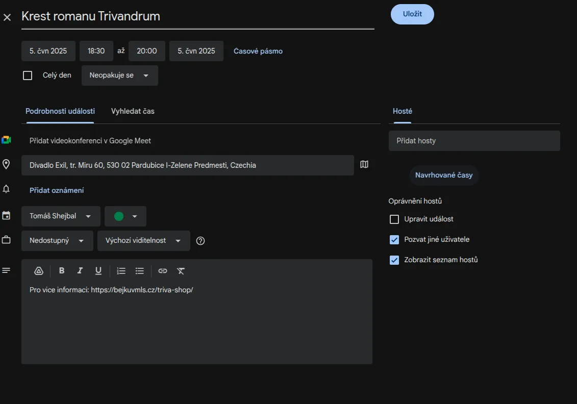 Snímek obrazovky Google kalendáře během přidá vání nové akce do kalendáře