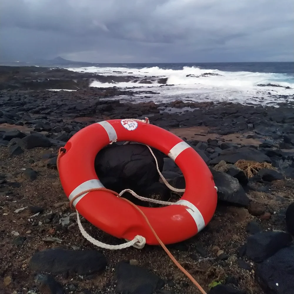 Záchraný kruk na černých kamenech s mraky v barvě olova