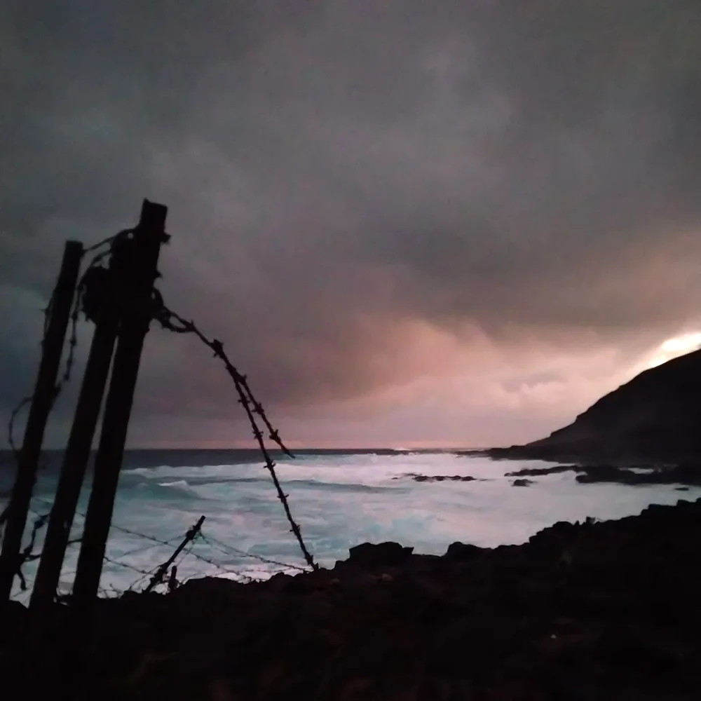 Pohled na pobřeží omílané příbojem za svítání, v popředí starý ostnatý plot